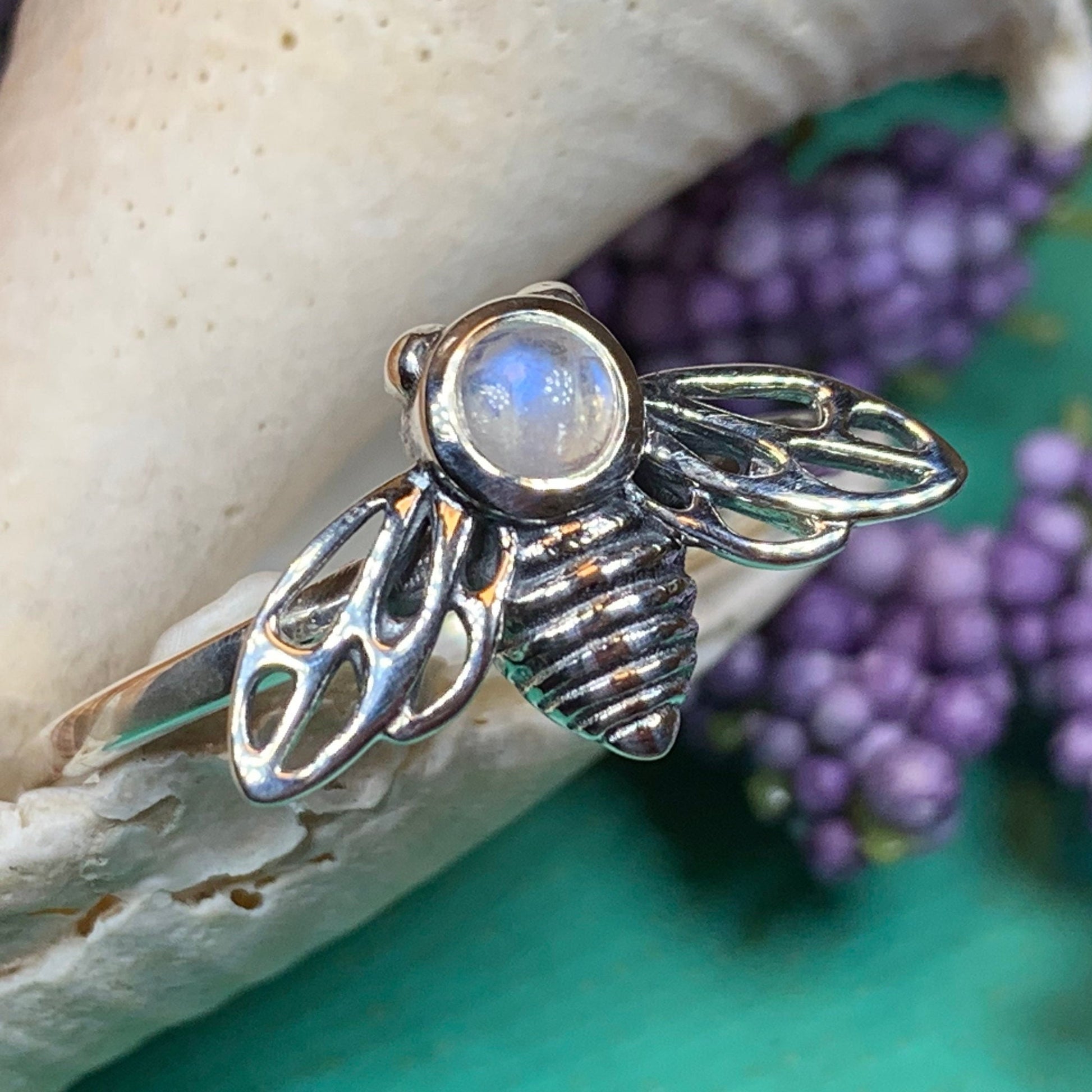 Moonstone Ring, Bumble Bee Ring, Insect Ring, Silver Boho Ring, Anniversary Gift, Nature Jewelry, Honey Bee Jewelry, Gift for Her, Mom Gift