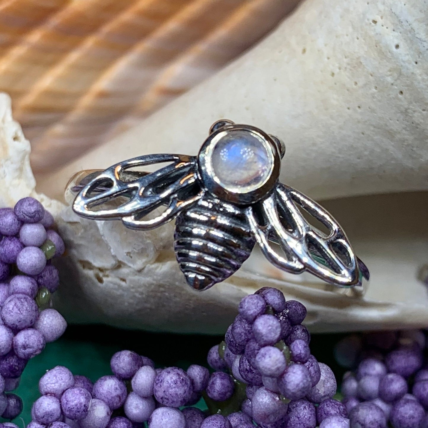 Moonstone Ring, Bumble Bee Ring, Insect Ring, Silver Boho Ring, Anniversary Gift, Nature Jewelry, Honey Bee Jewelry, Gift for Her, Mom Gift