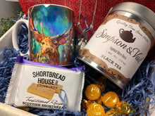 Load image into Gallery viewer, Scotland Gift Box, Highland STag Gift, Scottish Loose Tea Gift, Scottish Mug, Outlander Gift, New Home Gift, Get Well Gift, Thank You Gift
