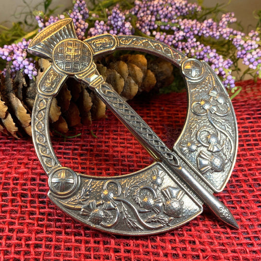 Thistle Penannular Brooch, Large Celtic Pin, Scottish Pin, Norse Jewelry, Wiccan Jewelry, Anniversary Gift, Kilt Pin, Pewter Tartan Pin