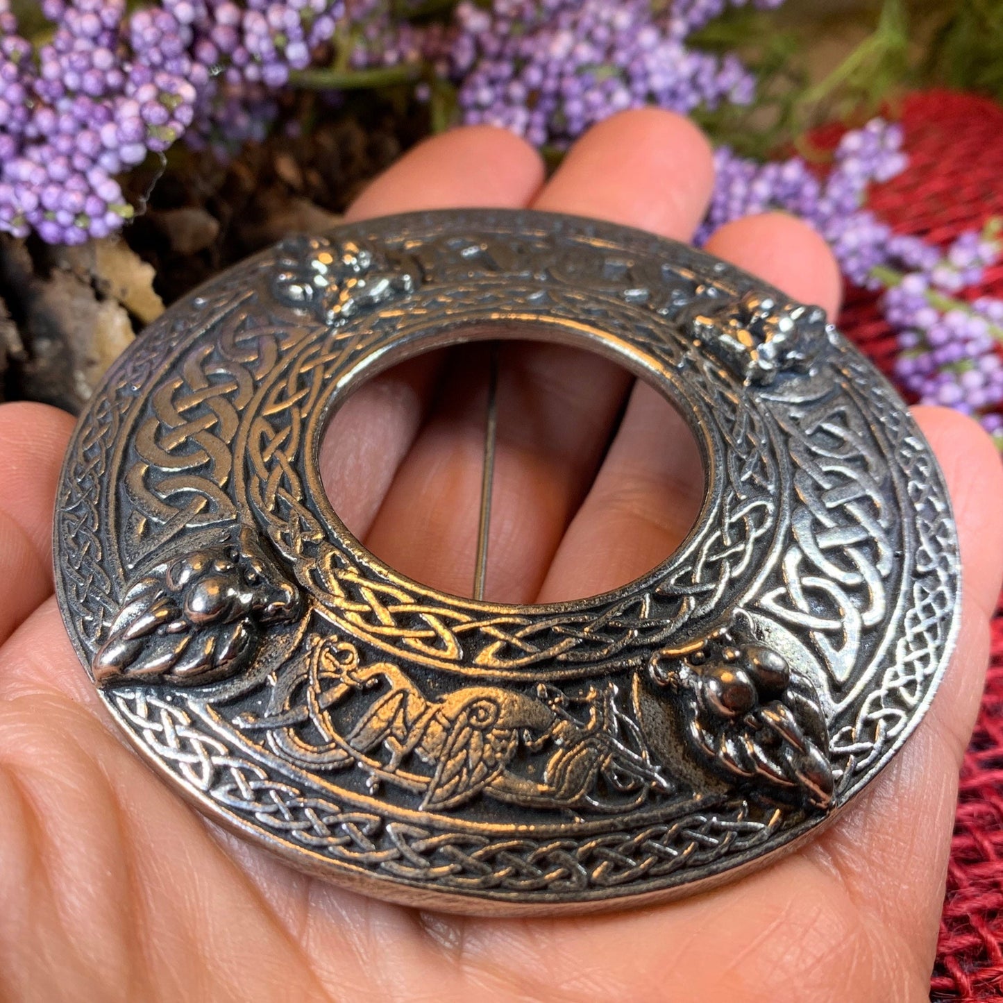 Lion Brooch, Large Celtic Pin, Scottish Lion Pin, Norse Jewelry, Wiccan Jewelry, Anniversary Gift, Kilt Pin, Pewter Tartan Pin, Lion Brooch
