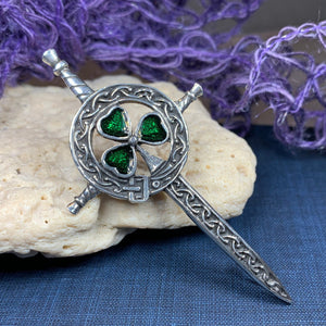 Shamrock Sword Kilt Pin, Celtic Jewelry, Irish Kilt Pin, Ireland Gift, Clover Jewelry, Fireman, Police, Ireland Brooch, Shamrock Brooch