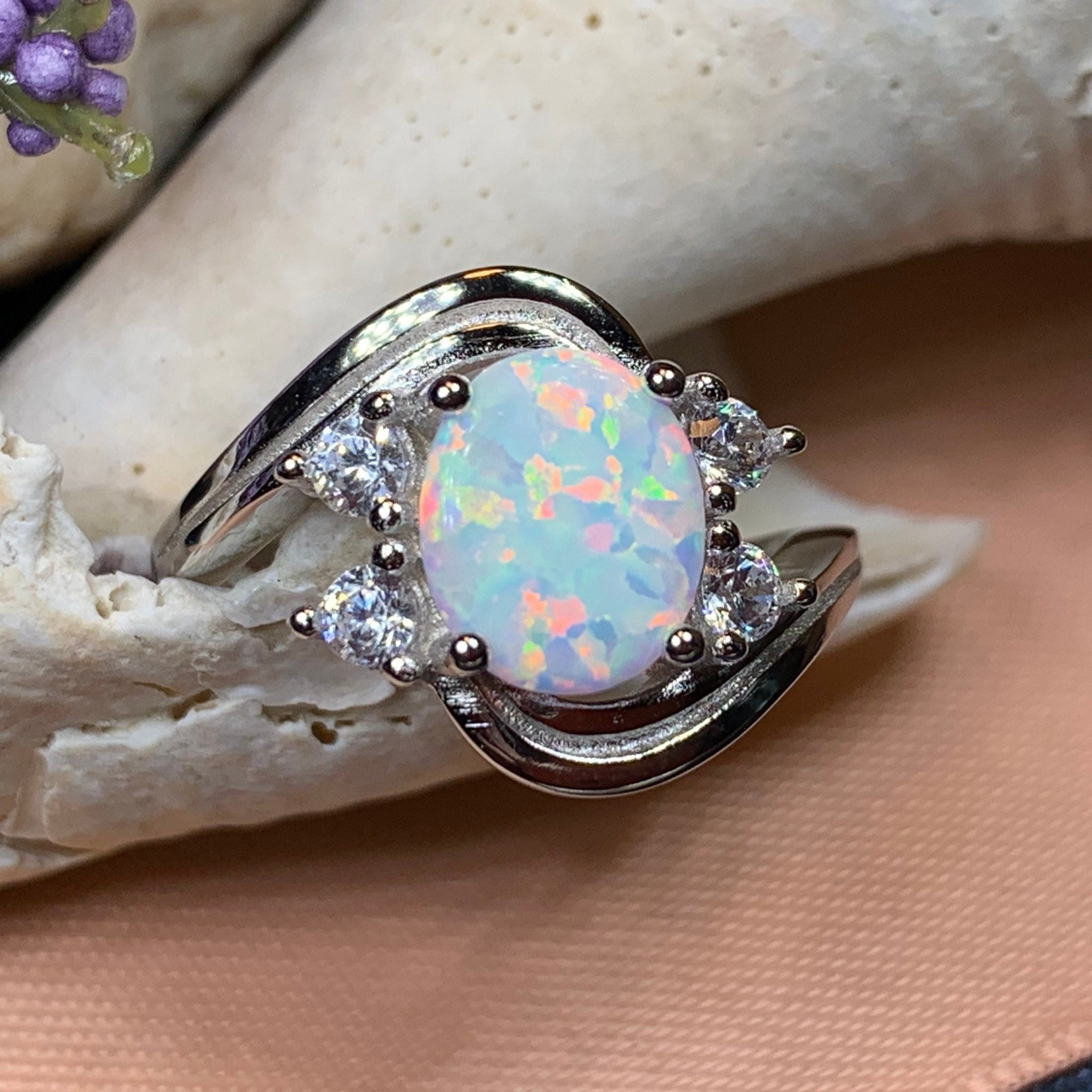 Sterling Silver Etched Oval White Lab Opal Ring, Silver Ring, Statemen –  Indigo & Jade