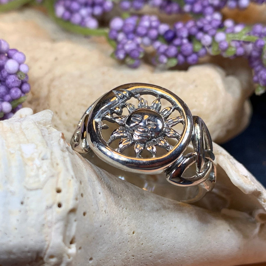Crescent Moon Ring, Celtic Sun Ring, Celestial Jewelry, Moon Ring, Trinity Knot Ring, Irish Ring, Anniversary Gift, Wife Gift, Mom Gift