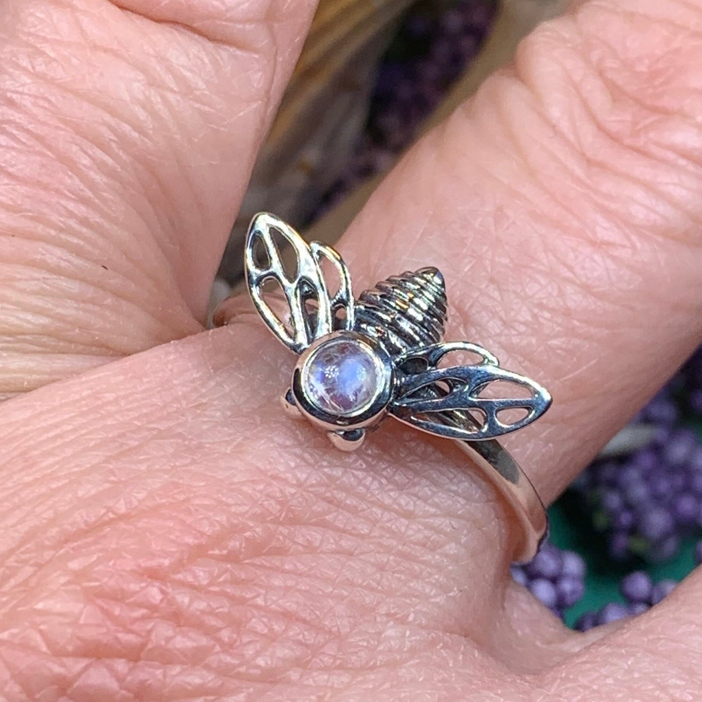 Moonstone Ring, Bumble Bee Ring, Insect Ring, Silver Boho Ring, Anniversary Gift, Nature Jewelry, Honey Bee Jewelry, Gift for Her, Mom Gift