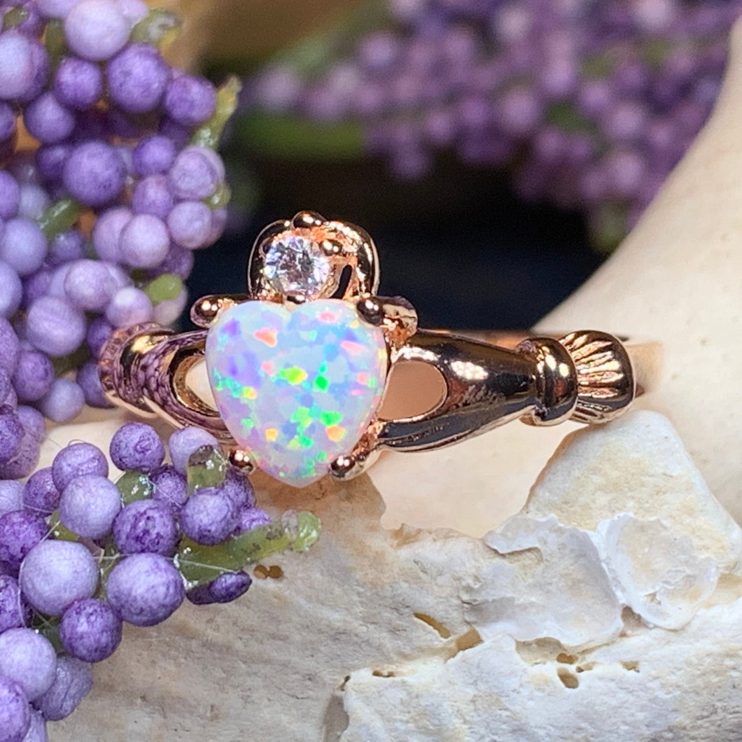 Claddagh Ring, Celtic Jewelry, Irish Promise Ring, Opal Ring, Ireland Ring, Heart Jewelry, Anniversary Gift, Bridal Jewelry, Rose Gold Ring