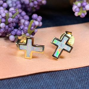 Cross Earrings, Opal Jewelry, Stud Earrings, First Communion Gift, Bridal Post Earrings, Confirmation Gift, Religious Gift, Cross Jewelry