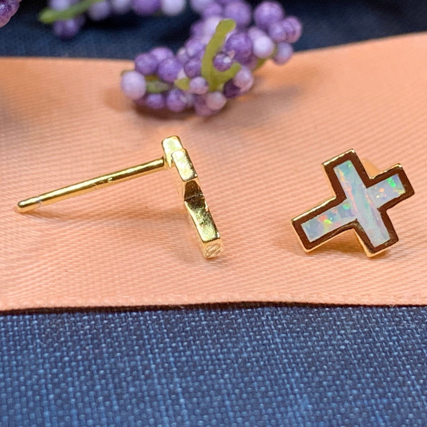 Cross Earrings, Opal Jewelry, Stud Earrings, First Communion Gift, Bridal Post Earrings, Confirmation Gift, Religious Gift, Cross Jewelry