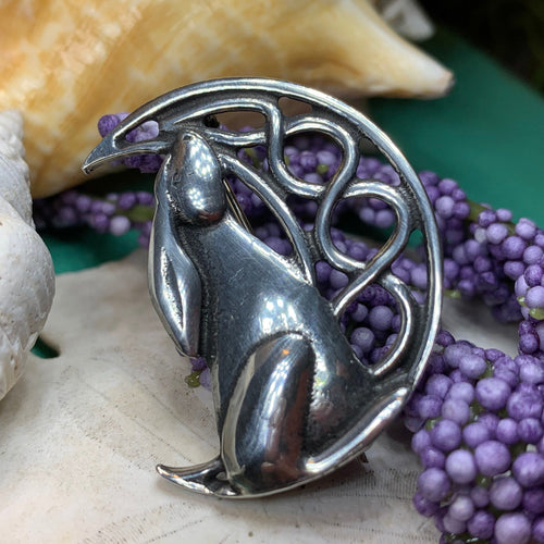 Rabbit Moon Pin, Celtic Brooch, Hare Brooch, Bunny Pin, Animal Jewelry, Celtic Moon Brooch, Wiccan Jewelry, Sister Gift, Wife Gift, Mom Gift