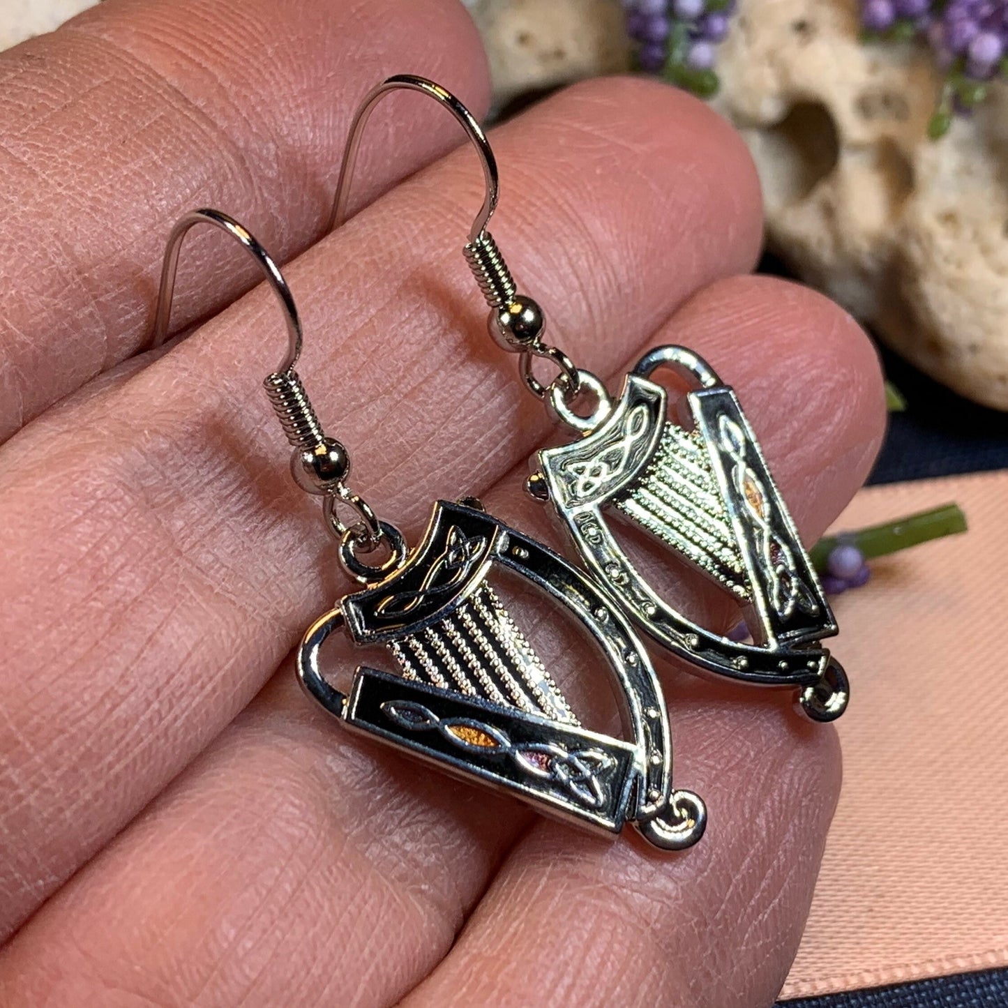 Celtic Harp Earrings, Harp Jewelry, Celtic Jewelry, Dangle Earrings, Enamel Jewelry, Irish Jewelry, Ireland Gift, Irish Jewelry, Mom Gift