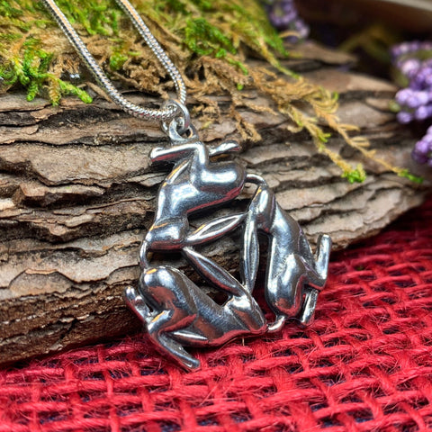 Load image into Gallery viewer, Rabbit Necklace, Triple Hare Necklace, Celtic Jewelry, Animal Jewelry, Nature Necklace, Hare Jewelry, Runner Gift, Mom Gift, Sister Gift
