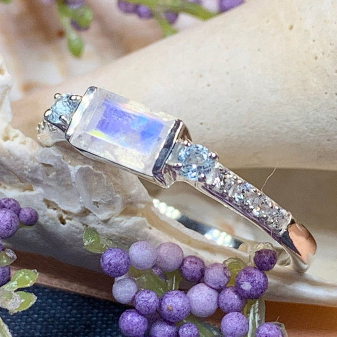 Moonstone Ring, Moonstone Stacking Ring, Boho Statement Ring, Anniversary Gift, Blue Topaz Ring, Silver Boho Ring, Mom Gift, Wife Gift