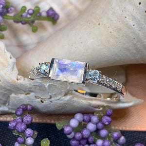 Moonstone Ring, Moonstone Stacking Ring, Boho Statement Ring, Anniversary Gift, Blue Topaz Ring, Silver Boho Ring, Mom Gift, Wife Gift