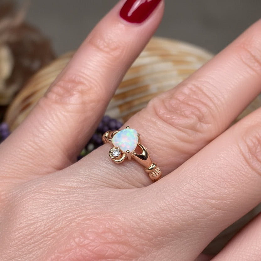 Claddagh Ring, Celtic Jewelry, Irish Promise Ring, Opal Ring, Ireland Ring, Heart Jewelry, Anniversary Gift, Bridal Jewelry, Rose Gold Ring