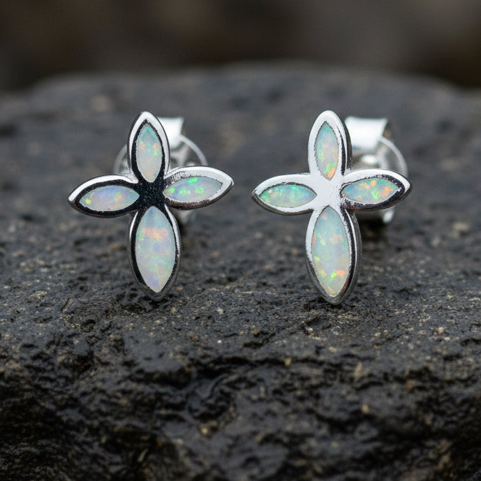 Cross Earrings, Opal Jewelry, Stud Earrings, First Communion Gift, Bridal Post Earrings, Confirmation Gift, Religious Gift, Cross Jewelry