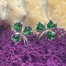 Load image into Gallery viewer, Emerald Shamrock Earrings, Celtic Jewelry, Irish Jewelry, Clover Jewelry, Ireland Gift, Anniversary Gift, Wife Gift, Girlfriend Gift

