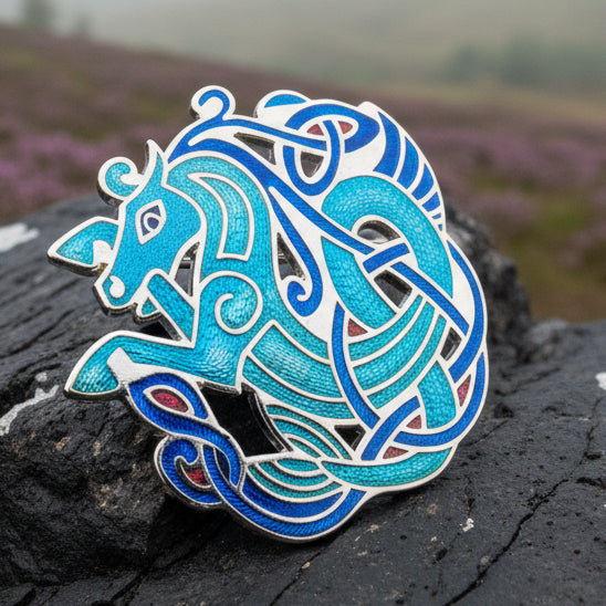 Celtic Horse Enamel Brooch in pewter