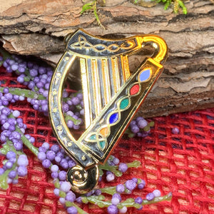 Celtic Harp Brooch, Harp Jewelry, Celtic Brooch, Scarf Pin, Coat Pin, Enamel Jewelry, Irish Jewelry, Ireland Pin, Shamrock Jewelry, Mom Gift
