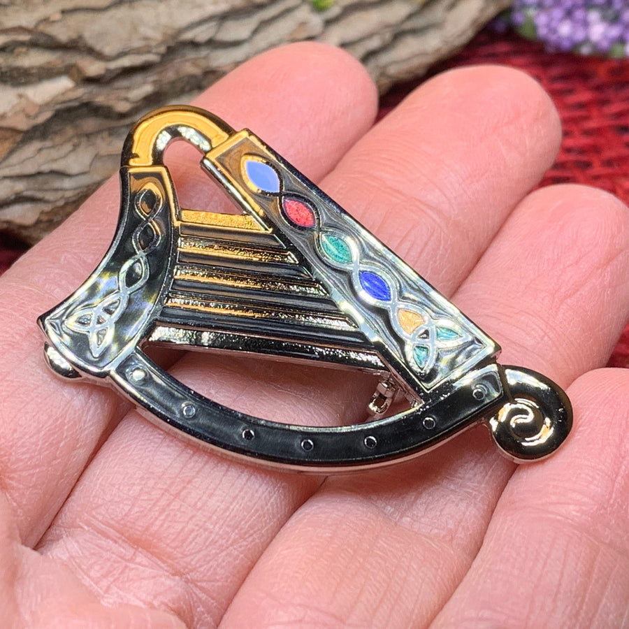 Celtic Harp Brooch, Harp Jewelry, Celtic Brooch, Scarf Pin, Coat Pin, Enamel Jewelry, Irish Jewelry, Ireland Pin, Shamrock Jewelry, Mom Gift