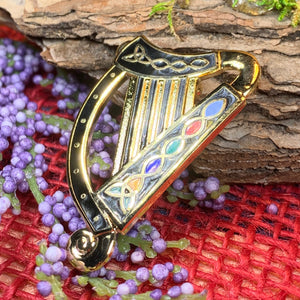 Celtic Harp Brooch, Harp Jewelry, Celtic Brooch, Scarf Pin, Coat Pin, Enamel Jewelry, Irish Jewelry, Ireland Pin, Shamrock Jewelry, Mom Gift