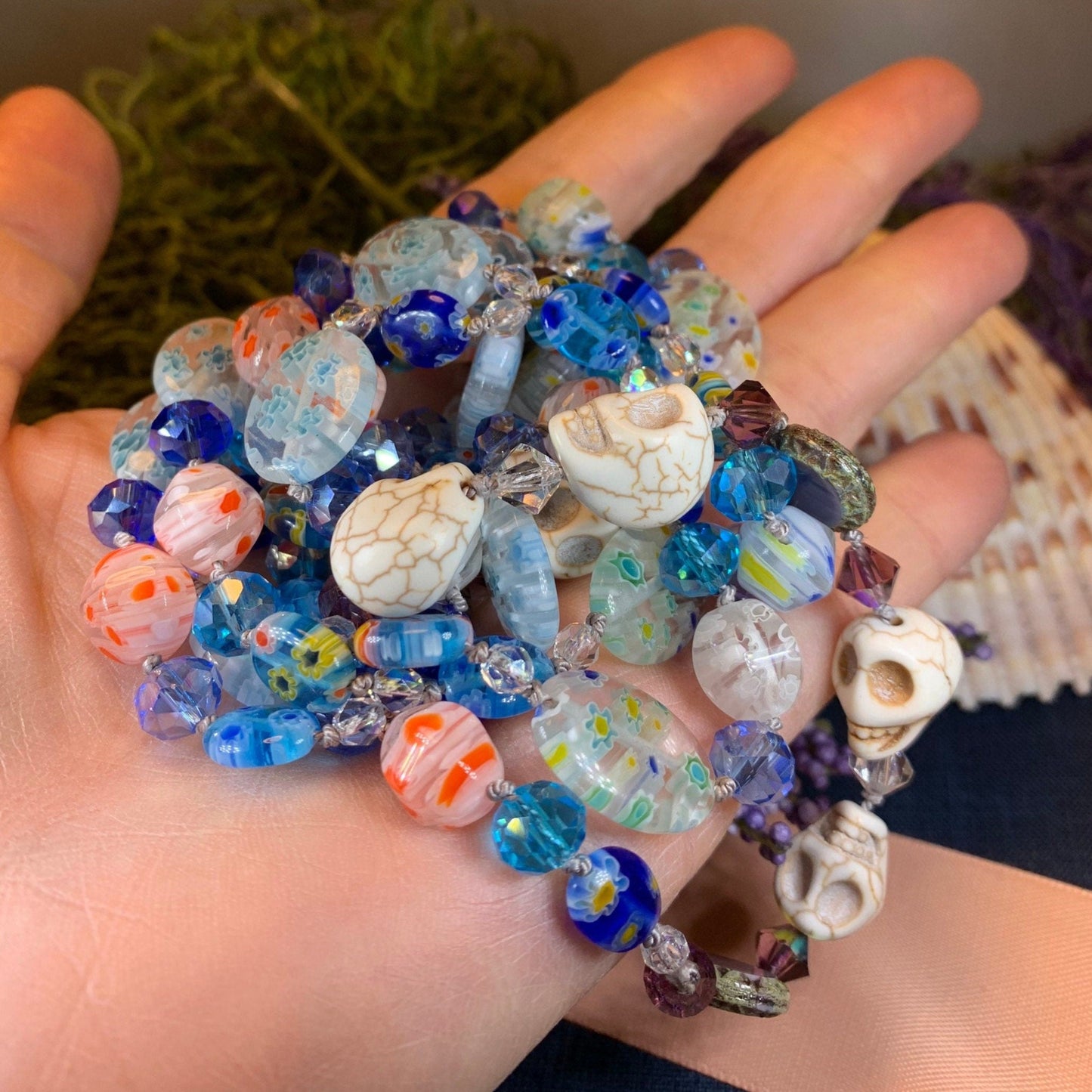 Long Beaded Necklace, Hand Knotted Necklace, Skull jewelry, Boho Necklace, Yoga Jewelry, Art Deco Necklace, Millefiori Bead Necklace