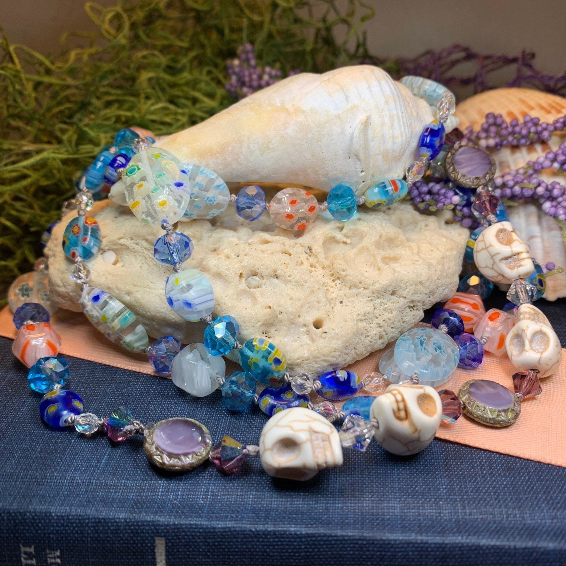 Long Beaded Necklace, Hand Knotted Necklace, Skull jewelry, Boho Necklace, Yoga Jewelry, Art Deco Necklace, Millefiori Bead Necklace