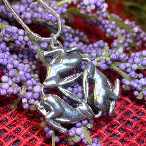 Load image into Gallery viewer, Rabbit Necklace, Triple Hare Necklace, Celtic Jewelry, Animal Jewelry, Nature Necklace, Hare Jewelry, Runner Gift, Mom Gift, Sister Gift
