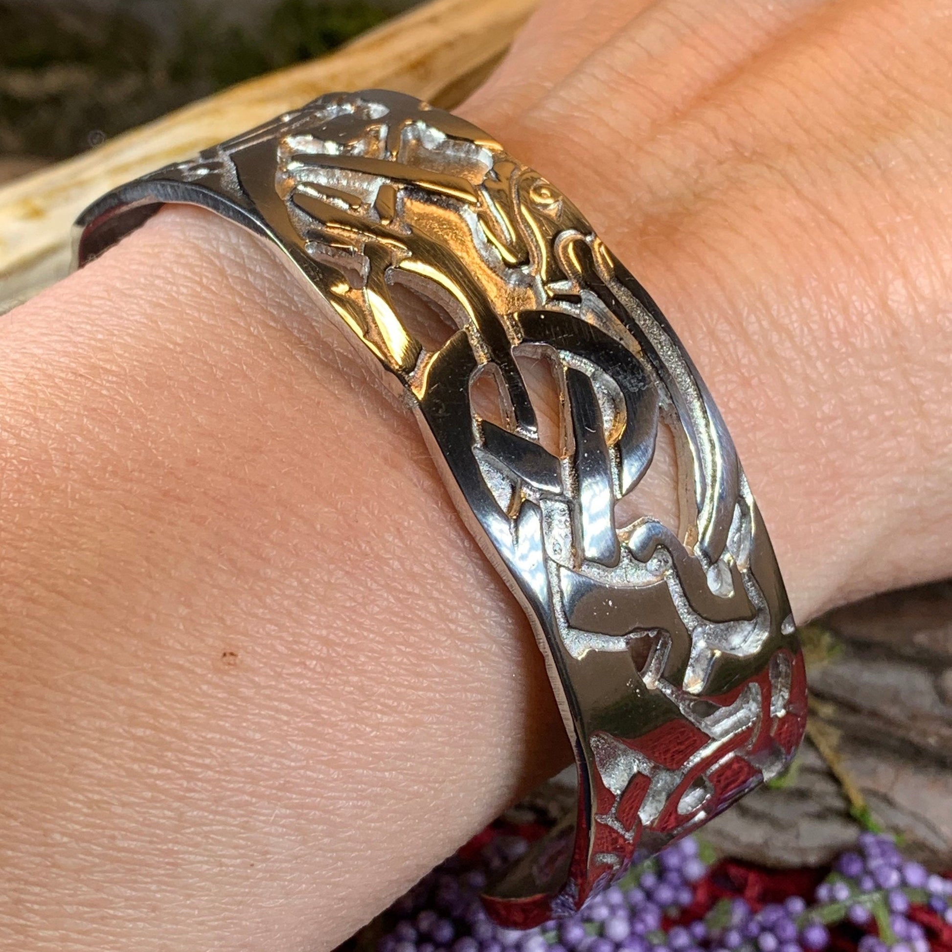 Celtic Wolf Cuff Bracelet, Celtic Jewelry, Bangle Bracelet, Scotland Jewelry, Ireland Jewelry, Wife Gift, Girlfriend Gift, Viking Jewelry