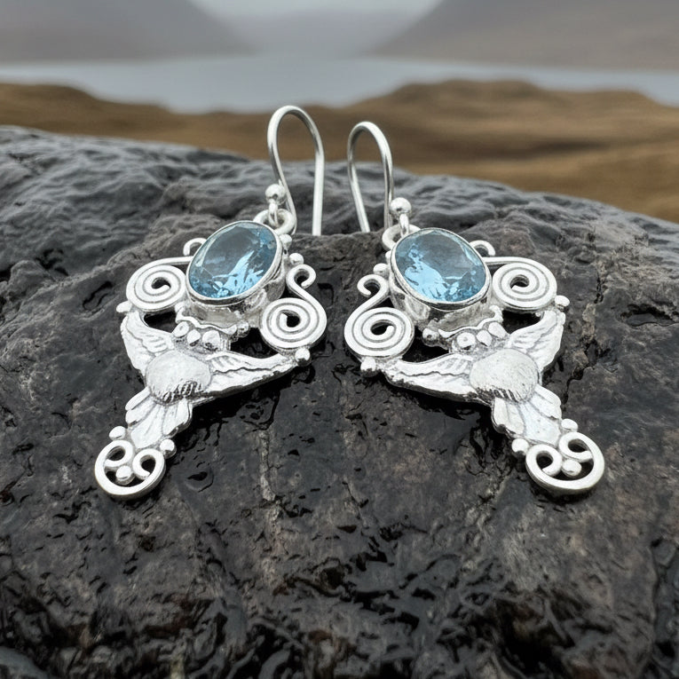 Owl Earrings, Celtic Jewelry, Blue Topaz Earrings, Wiccan Jewelry, Teacher Gift, Bird Jewelry, Anniversary Gift, Owl Gift, Pagan Jewelry