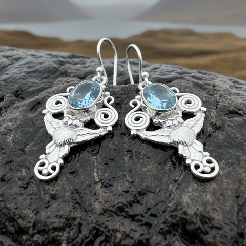 Load image into Gallery viewer, Owl Earrings, Celtic Jewelry, Blue Topaz Earrings, Wiccan Jewelry, Teacher Gift, Bird Jewelry, Anniversary Gift, Owl Gift, Pagan Jewelry
