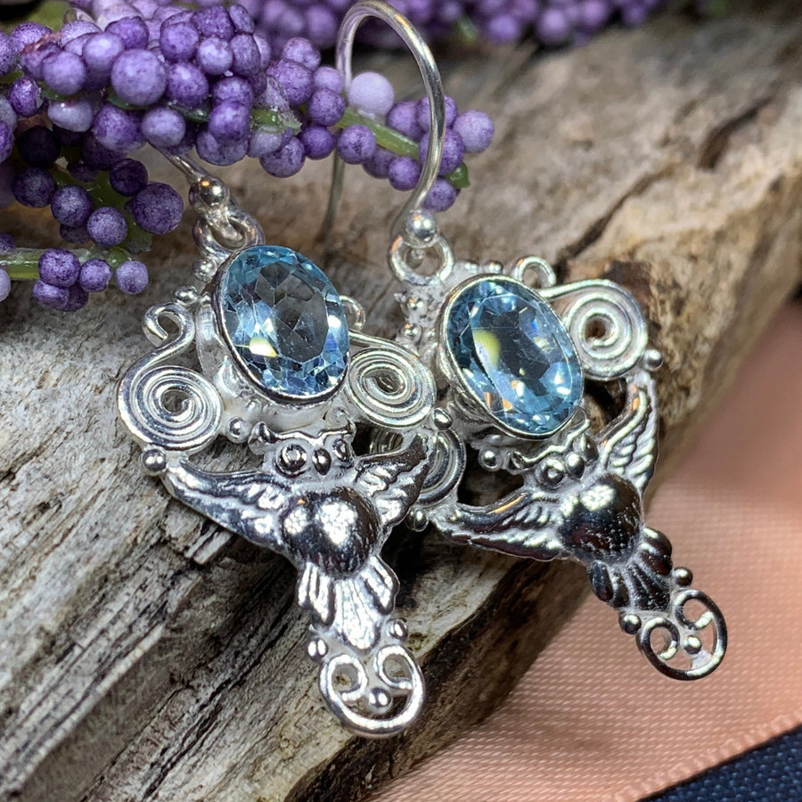Owl Earrings, Celtic Jewelry, Blue Topaz Earrings, Wiccan Jewelry, Teacher Gift, Bird Jewelry, Anniversary Gift, Owl Gift, Pagan Jewelry