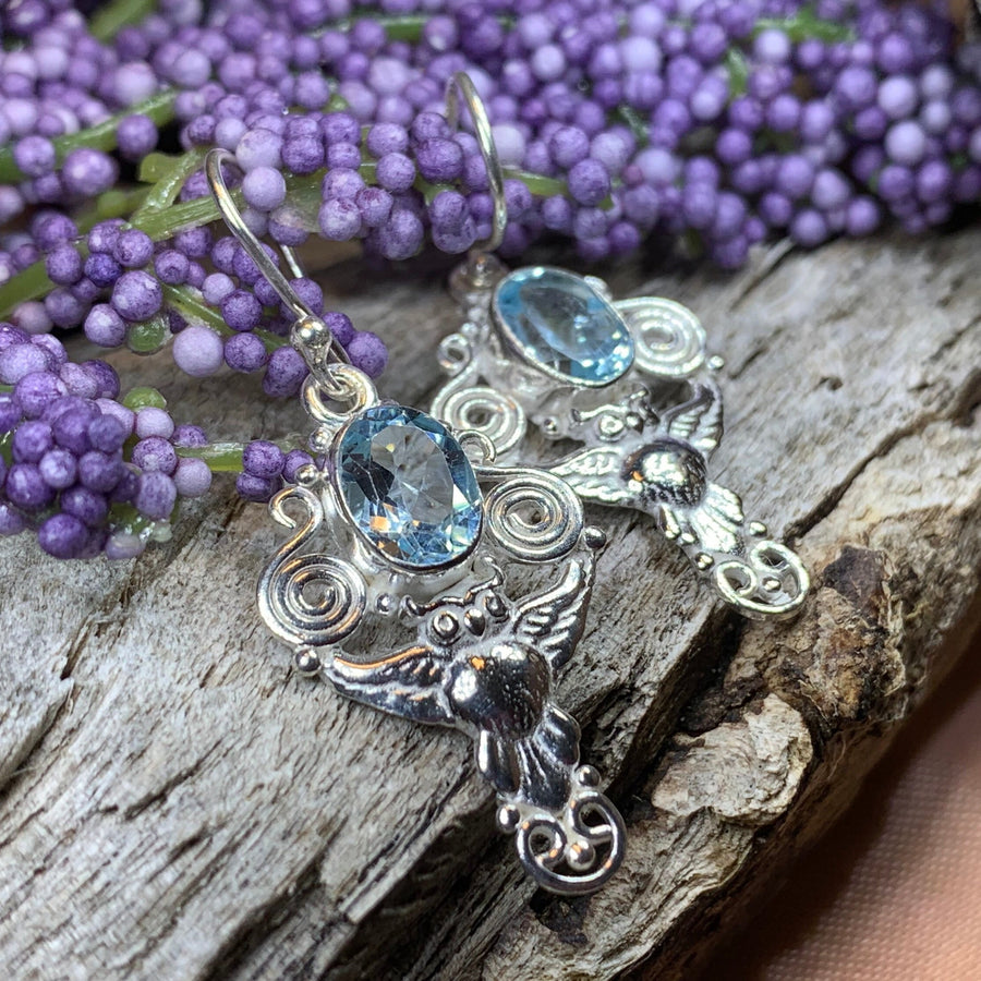Owl Earrings, Celtic Jewelry, Blue Topaz Earrings, Wiccan Jewelry, Teacher Gift, Bird Jewelry, Anniversary Gift, Owl Gift, Pagan Jewelry