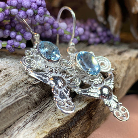 Load image into Gallery viewer, Owl Earrings, Celtic Jewelry, Blue Topaz Earrings, Wiccan Jewelry, Teacher Gift, Bird Jewelry, Anniversary Gift, Owl Gift, Pagan Jewelry
