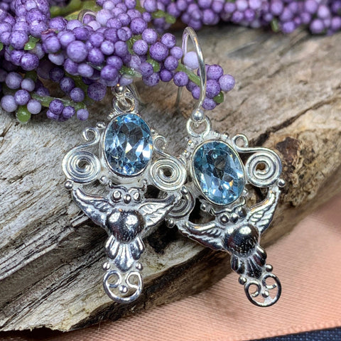 Load image into Gallery viewer, Owl Earrings, Celtic Jewelry, Blue Topaz Earrings, Wiccan Jewelry, Teacher Gift, Bird Jewelry, Anniversary Gift, Owl Gift, Pagan Jewelry
