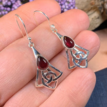 Load image into Gallery viewer, Celtic Knot Earrings, Celtic Jewelry, Irish Jewelry, Anniversary Gift, Garnet Jewelry, Sister Gift, Moonstone Dangle Earrings, Mom Gift
