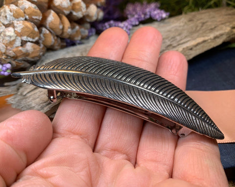 Load image into Gallery viewer, Feather Hair Clip, Celtic Barrette, Bird Jewelry, Pagan Jewelry, Friendship Gift, Wiccan Jewelry, Pewter barrette, Nature Barrette, Mom Gift
