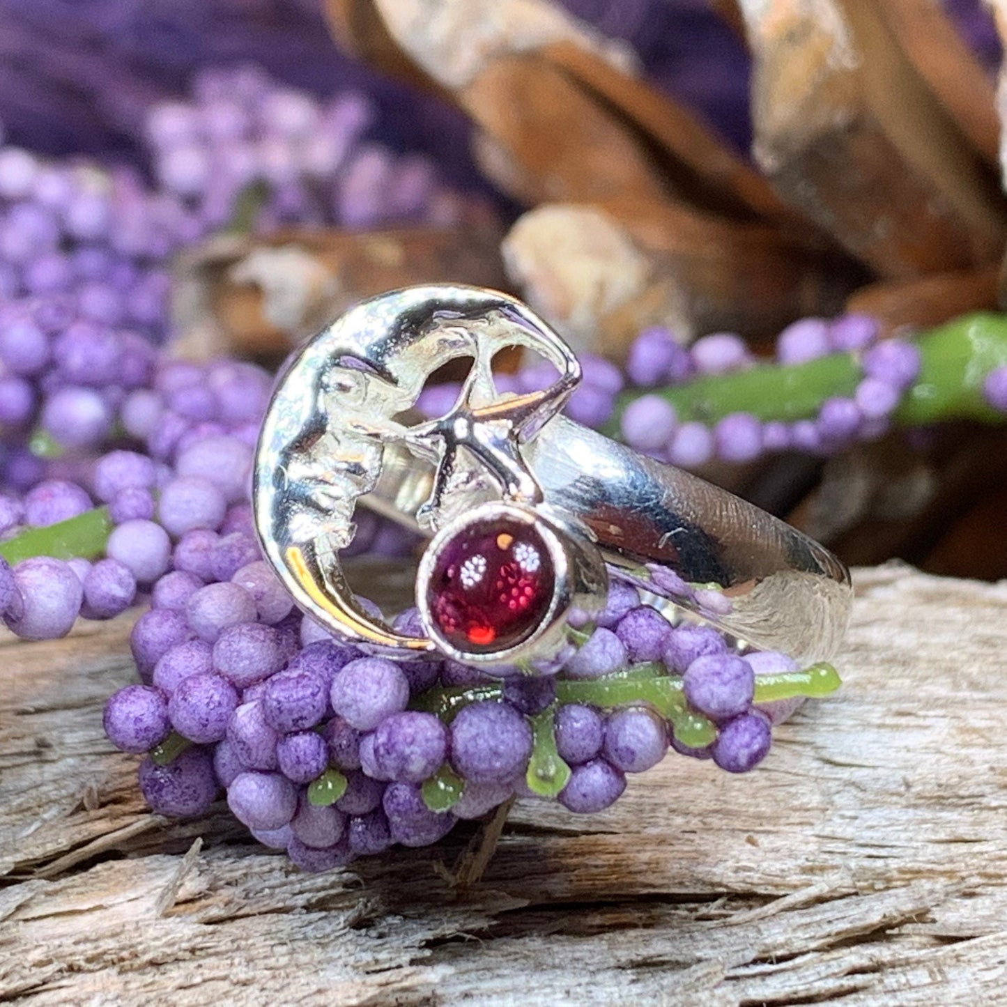 Crescent Moon Ring, Silver Moon Ring, Celestial Jewelry, Moon Ring, Amethyst Ring, Garnet Boho Ring, Anniversary Gift, Wife Gift, Mom Gift