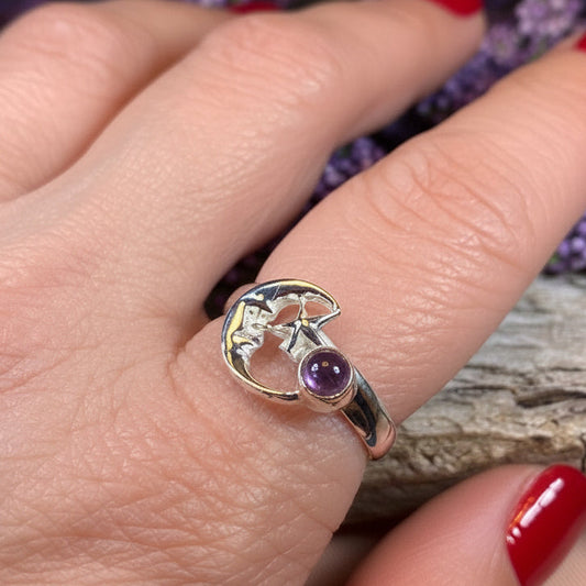 Crescent Moon Ring, Silver Moon Ring, Celestial Jewelry, Moon Ring, Amethyst Ring, Garnet Boho Ring, Anniversary Gift, Wife Gift, Mom Gift