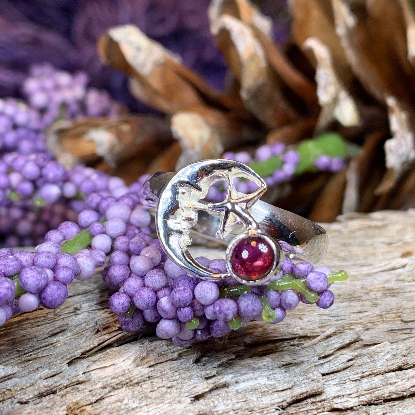 Crescent Moon Ring, Silver Moon Ring, Celestial Jewelry, Moon Ring, Amethyst Ring, Garnet Boho Ring, Anniversary Gift, Wife Gift, Mom Gift