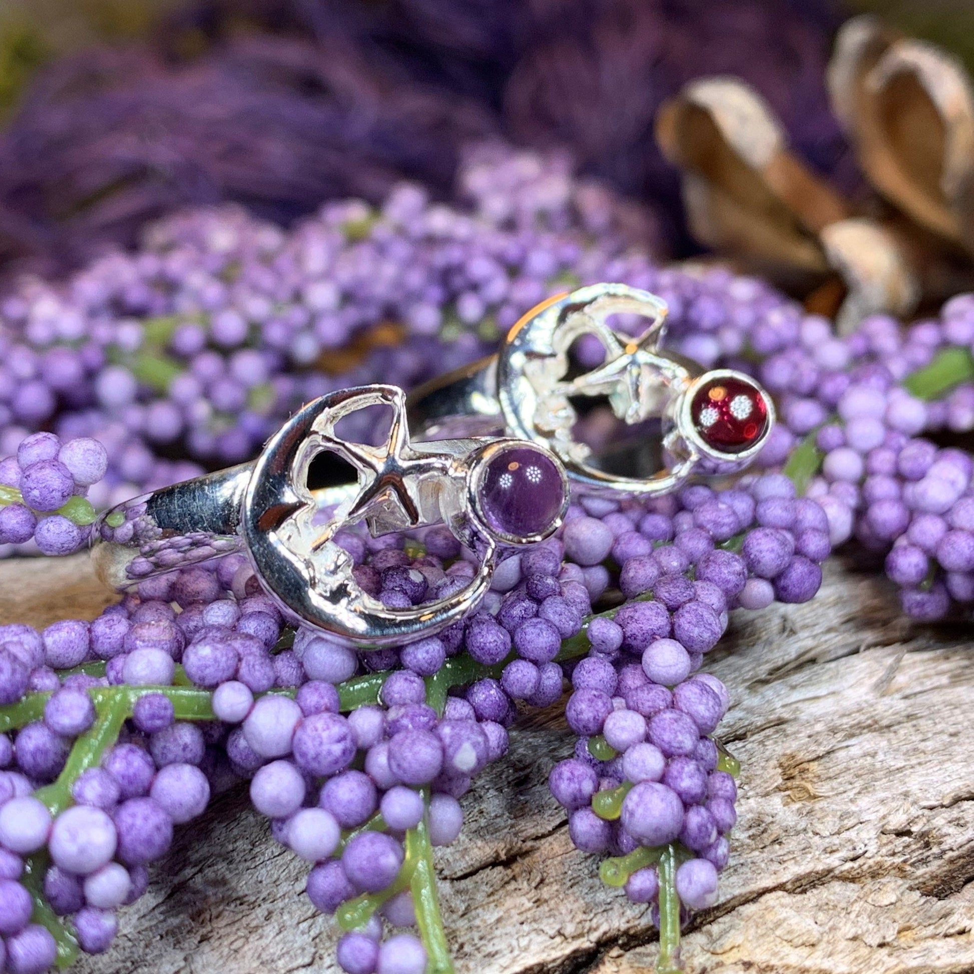 Crescent Moon Ring, Silver Moon Ring, Celestial Jewelry, Moon Ring, Amethyst Ring, Garnet Boho Ring, Anniversary Gift, Wife Gift, Mom Gift