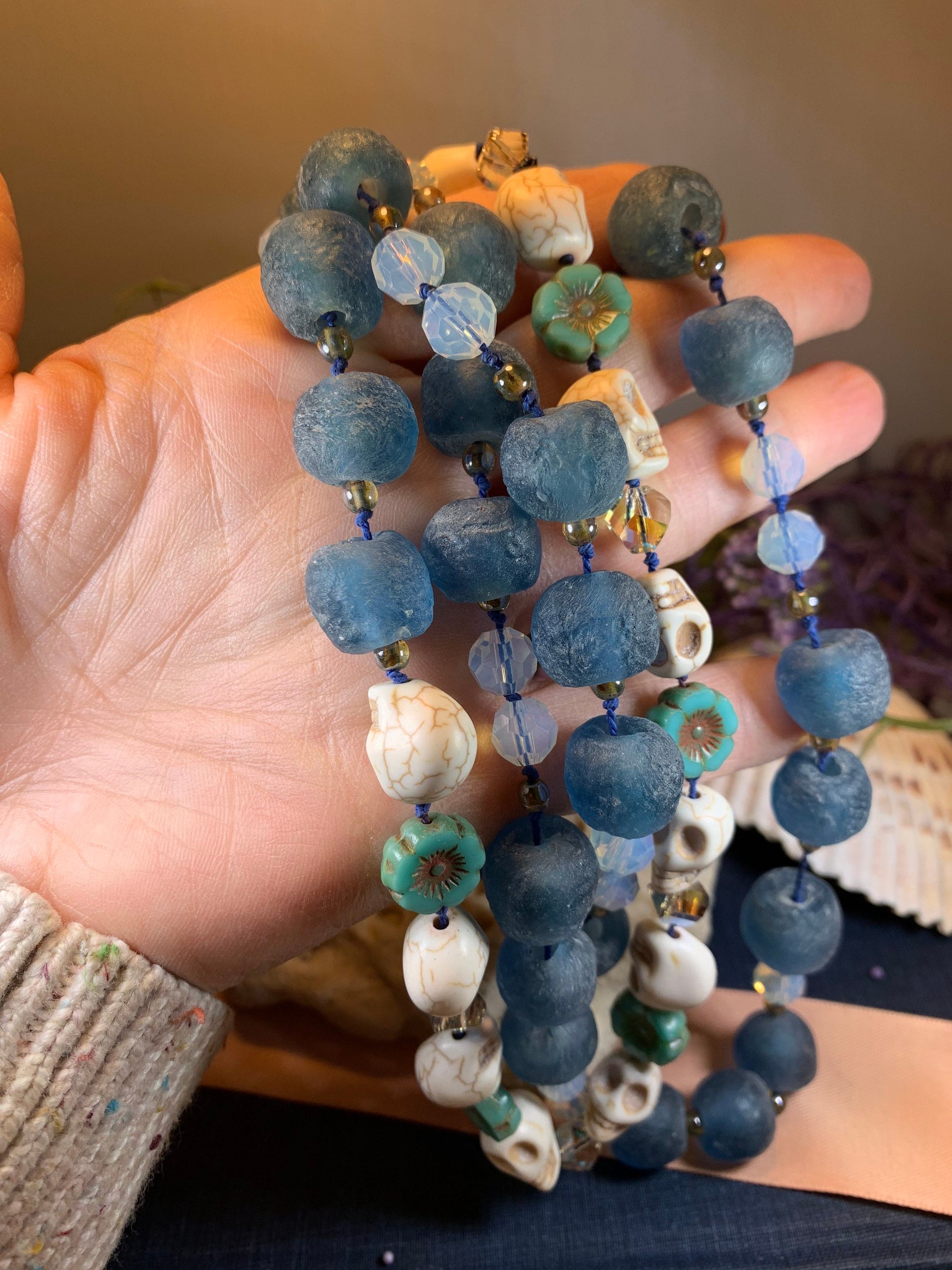 Long Beaded Necklace, Hand Knotted Jewelry, Beach Glass Jewelry, Boho Jewelry, Yoga Jewelry, Art Deco Necklace, Crystal Necklace, Graduation