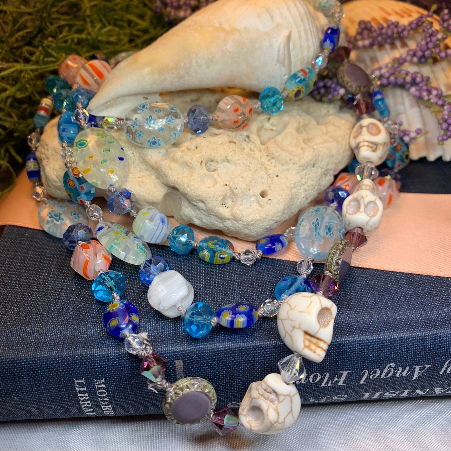 Long Beaded Necklace, Hand Knotted Necklace, Skull jewelry, Boho Necklace, Yoga Jewelry, Art Deco Necklace, Millefiori Bead Necklace