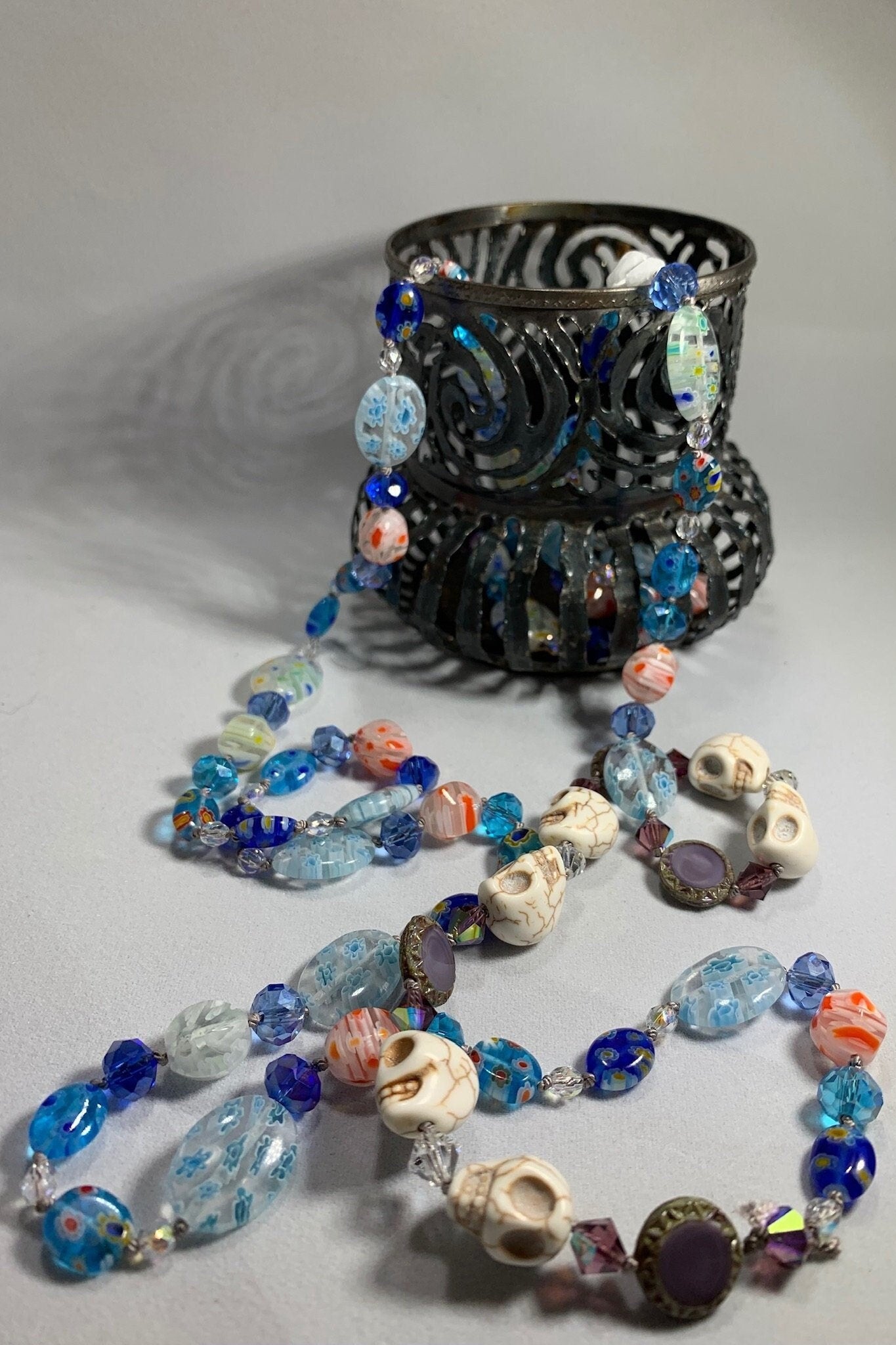 Long Beaded Necklace, Hand Knotted Necklace, Skull jewelry, Boho Necklace, Yoga Jewelry, Art Deco Necklace, Millefiori Bead Necklace