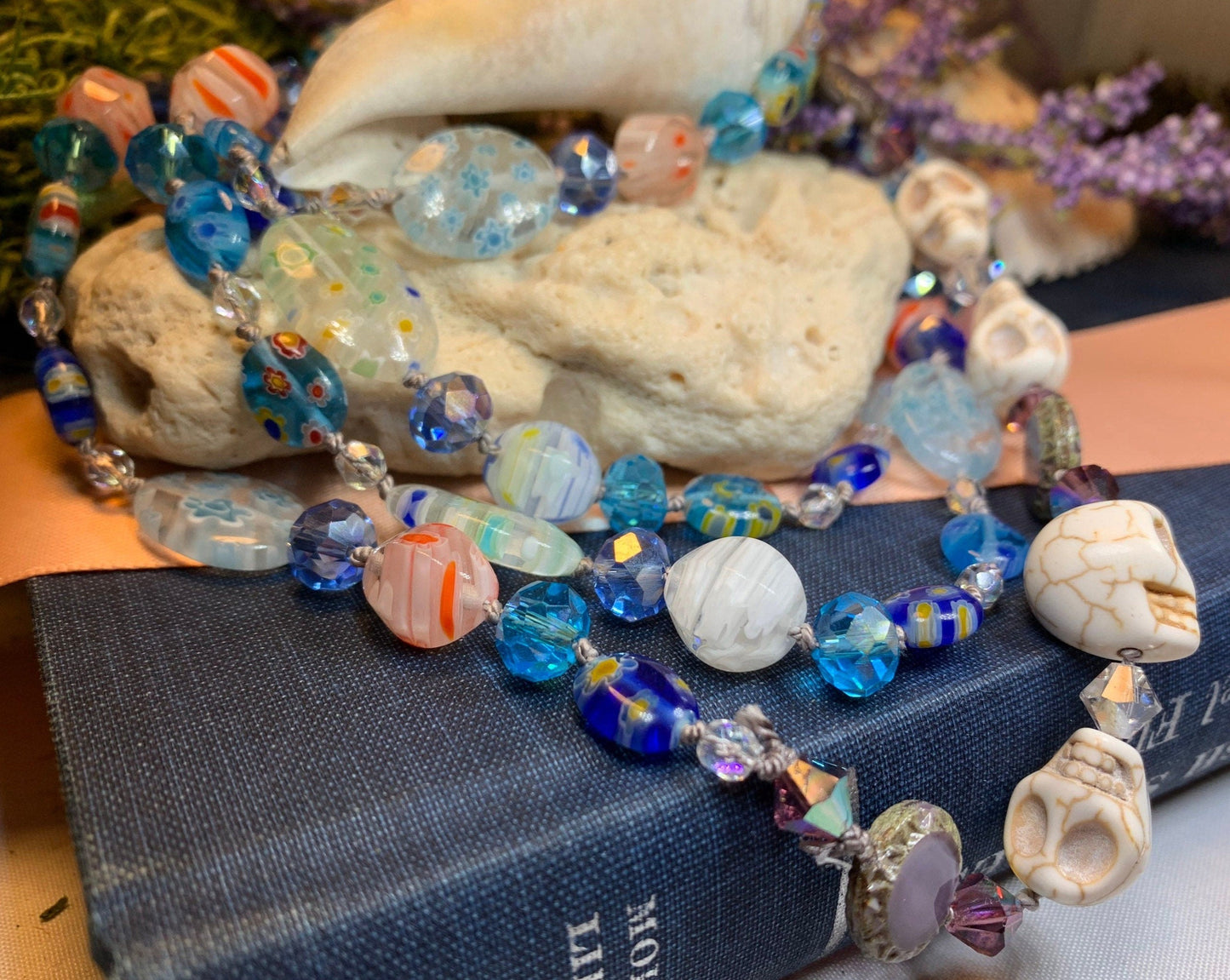 Long Beaded Necklace, Hand Knotted Necklace, Skull jewelry, Boho Necklace, Yoga Jewelry, Art Deco Necklace, Millefiori Bead Necklace