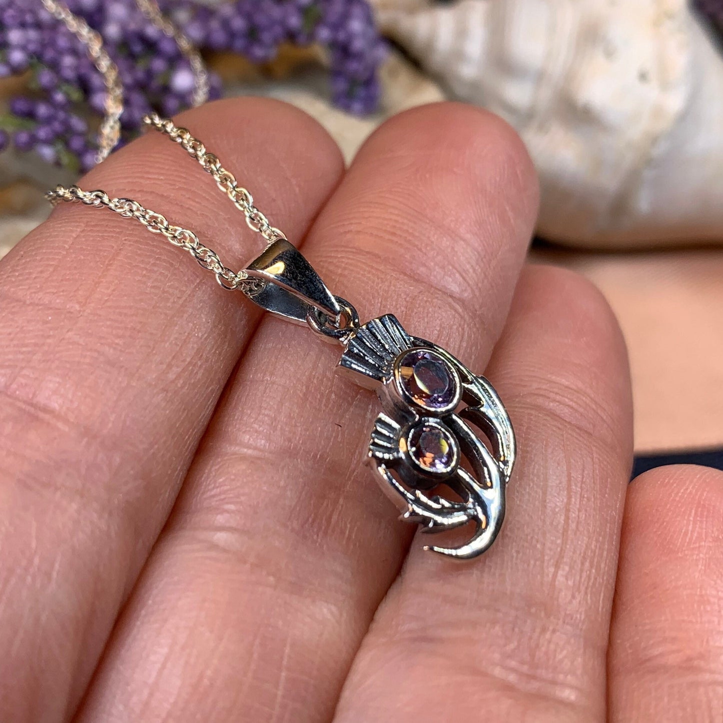Thistle Necklace, Outlander Jewelry, Scotland Jewelry, Celtic Jewelry, Sister Gift, Mom Gift, Wife Gift, Anniversary Gift, Amethyst Pendant