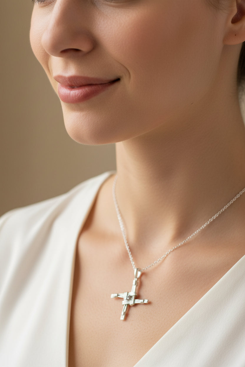 Springtime Irish Saint Brigid's Cross Necklace in Sterling Silver — view 9