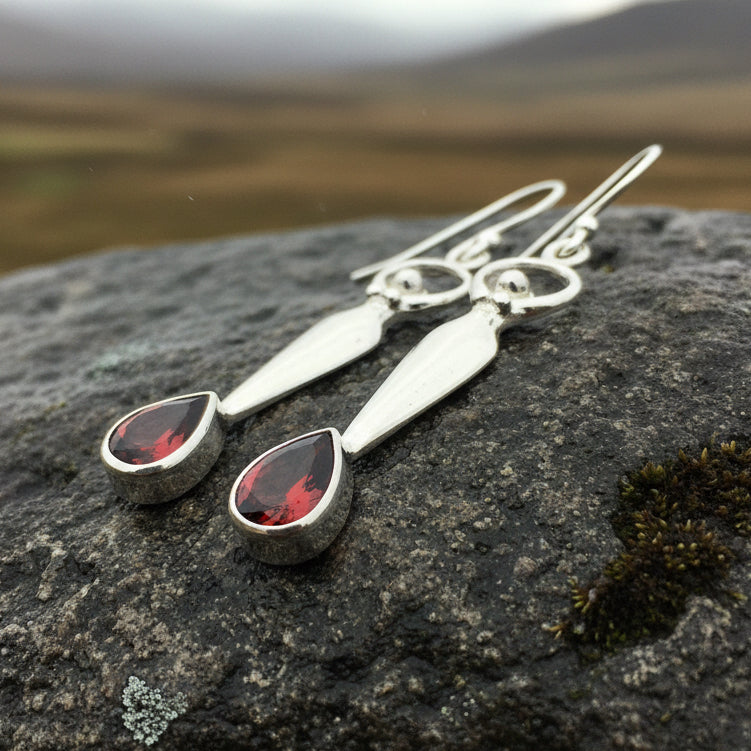 Goddess Earrings, Moon Jewelry, Goddess Jewelry, Celtic Jewelry, Garnet Jewelry, Anniversary Gift, Irish Gift, Silver Drop Earrings