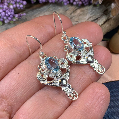 Load image into Gallery viewer, Owl Earrings, Celtic Jewelry, Blue Topaz Earrings, Wiccan Jewelry, Teacher Gift, Bird Jewelry, Anniversary Gift, Owl Gift, Pagan Jewelry
