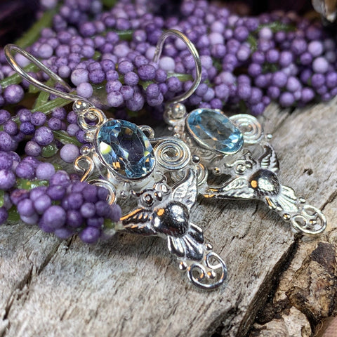 Load image into Gallery viewer, Owl Earrings, Celtic Jewelry, Blue Topaz Earrings, Wiccan Jewelry, Teacher Gift, Bird Jewelry, Anniversary Gift, Owl Gift, Pagan Jewelry
