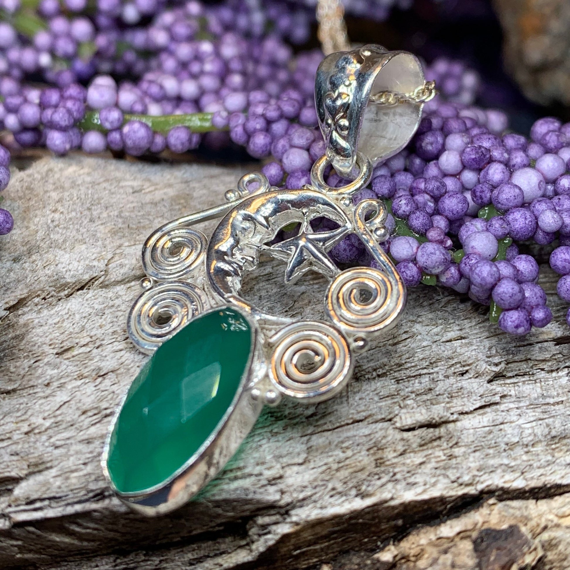Moon Necklace, Celtic Knot Jewelry, Celtic Jewelry, Anniversary Gift, Wiccan Jewelry, Pagan Necklace, Celestial Jewelry, Chalcedony Jewelry